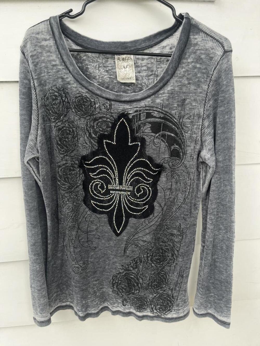 Y2K Vocal Rhinestone Thermal Grail Rare Biker Bling Waffle Knit Long Sleeve 3XL